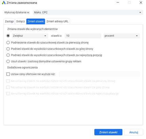 Funkcja zmiana stawki w edytorze Google Ads
