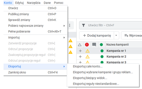 Funkcja eksportu w edytorze Google Ads