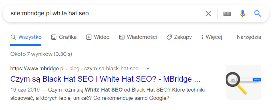 Meta description w seo - komenda site: