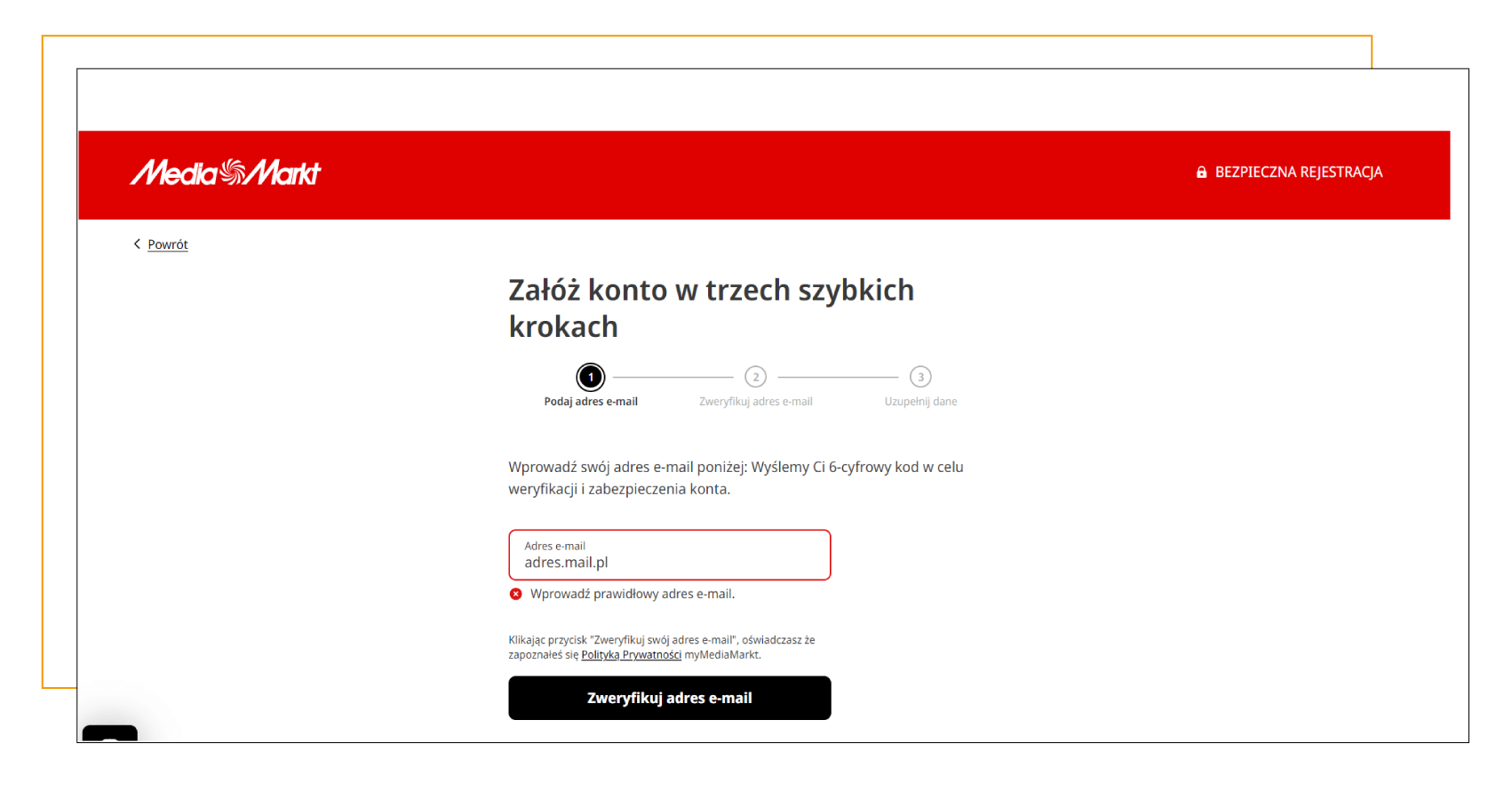 komunikat o nieprawidłowym adresie e-mail - media markt